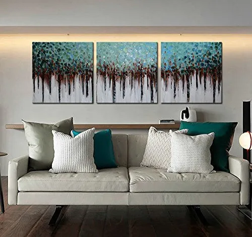 ARTLAND 100% Hand Painted framed Wall Art "Blue Forest" 3-Piece Modern Abstract Oil Painting on Canvas for Living Room Artwork for Wall Decor Home Decoration 20x60inches