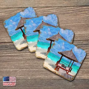 Beach Cabana Coastal Wooden Cork Coasters Gift Set of 4 by Nature Wonders - Coastal Sea-Life Décor - 95270C-S4