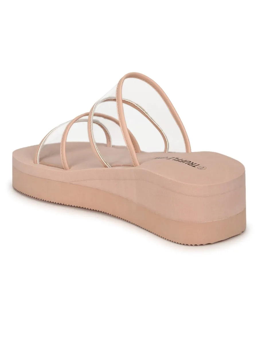 Beige PVC Wedges With Wide Clear Straps