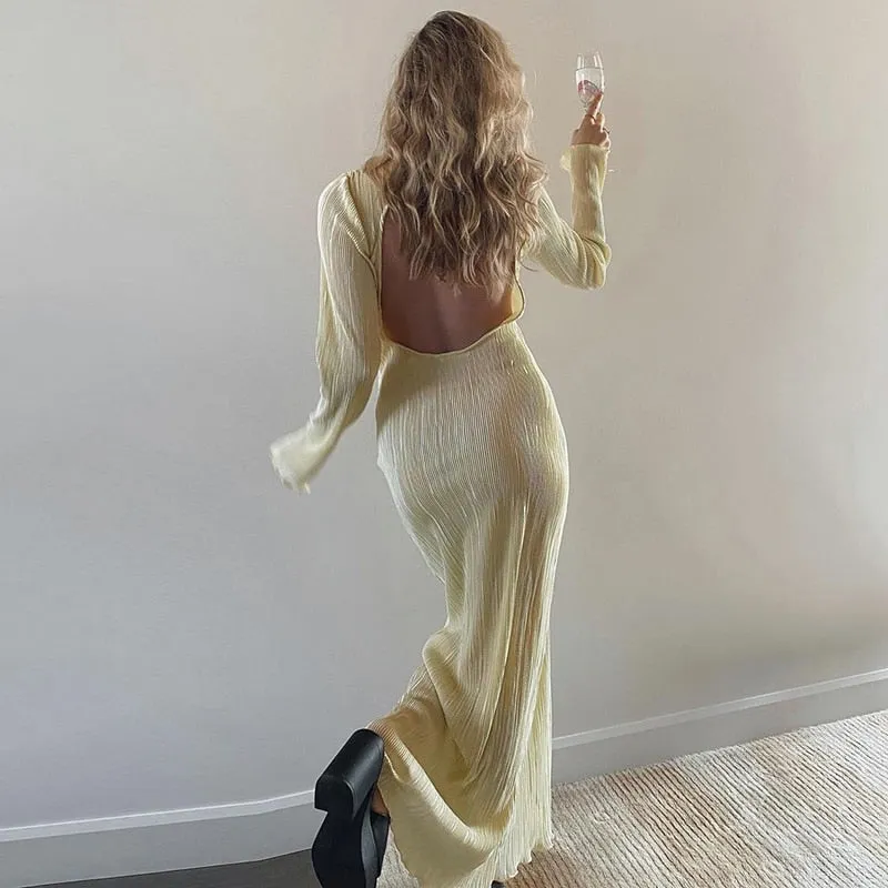 BerriesJam - 2024 Pleated Backless Long Sleeve Evening Maxi Dress