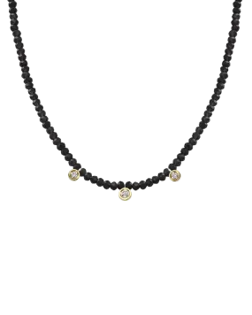 Black Spinel Gemstone & Three diamonds Necklace - 14K Yellow Gold