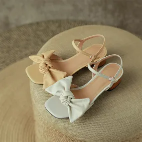 Block Heel Leather sandal Bowknot Sandals in Apricot/Beige