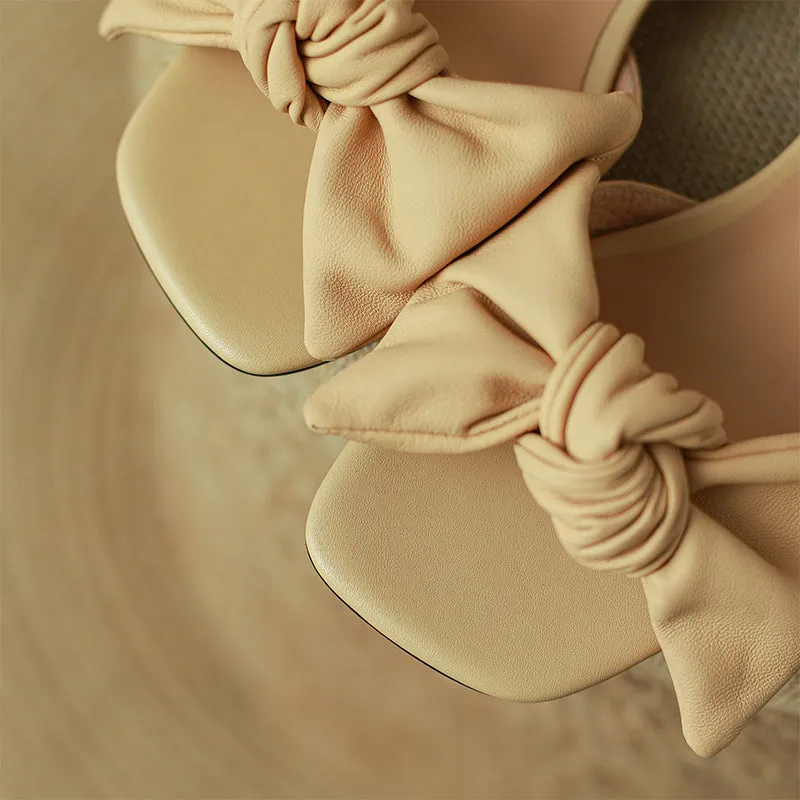 Block Heel Leather sandal Bowknot Sandals in Apricot/Beige