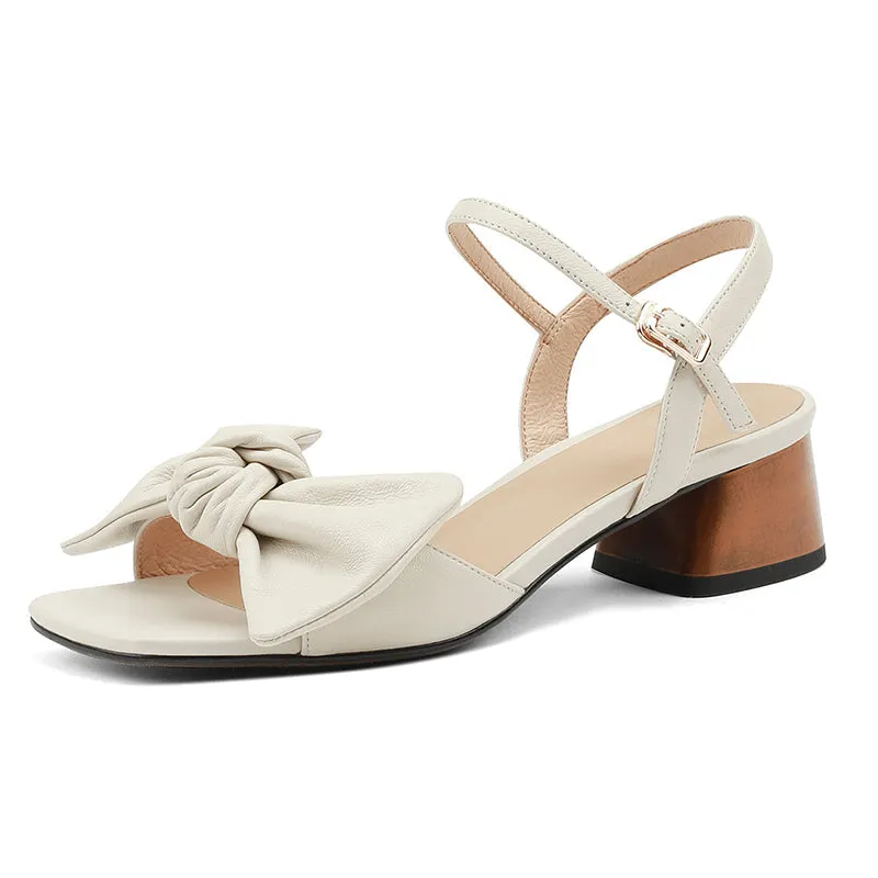 Block Heel Leather sandal Bowknot Sandals in Apricot/Beige