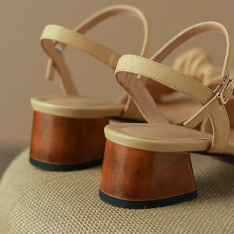 Block Heel Leather sandal Bowknot Sandals in Apricot/Beige