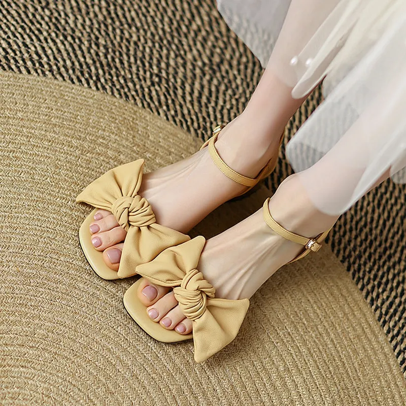 Block Heel Leather sandal Bowknot Sandals in Apricot/Beige