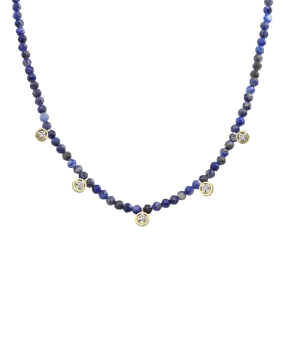 Blue Lapis Gemstone & Five diamonds Necklace - 14K Yellow Gold