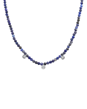 Blue Lapis Gemstone & Three diamonds Necklace - 14K White Gold