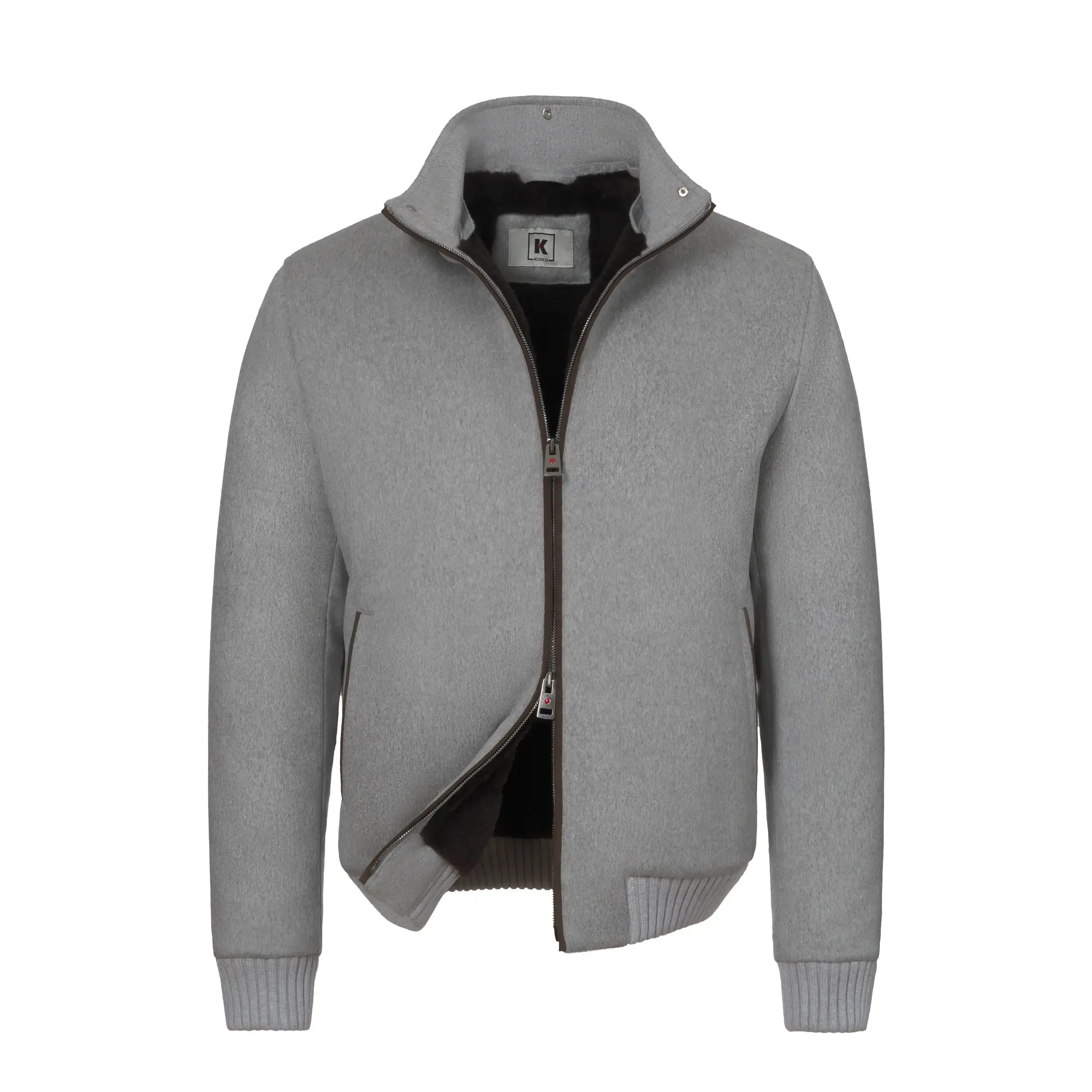 Cashmere and Fur Bomber with Detachable Fur Neck in Light Grey