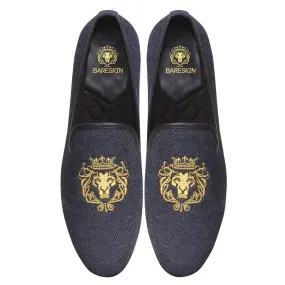 Charcoal Blue Denim/Golden Lion King Embroidery Slip-On Shoes By Bareskin