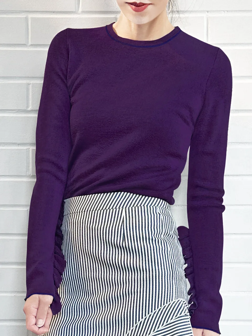 Deep Purple Extra-long Ruffled Sleeve Wool Blend Jumper