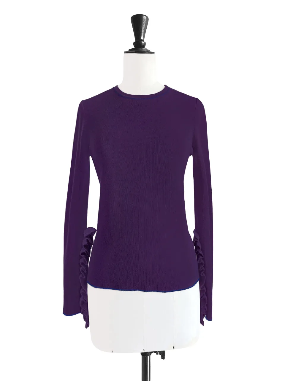 Deep Purple Extra-long Ruffled Sleeve Wool Blend Jumper