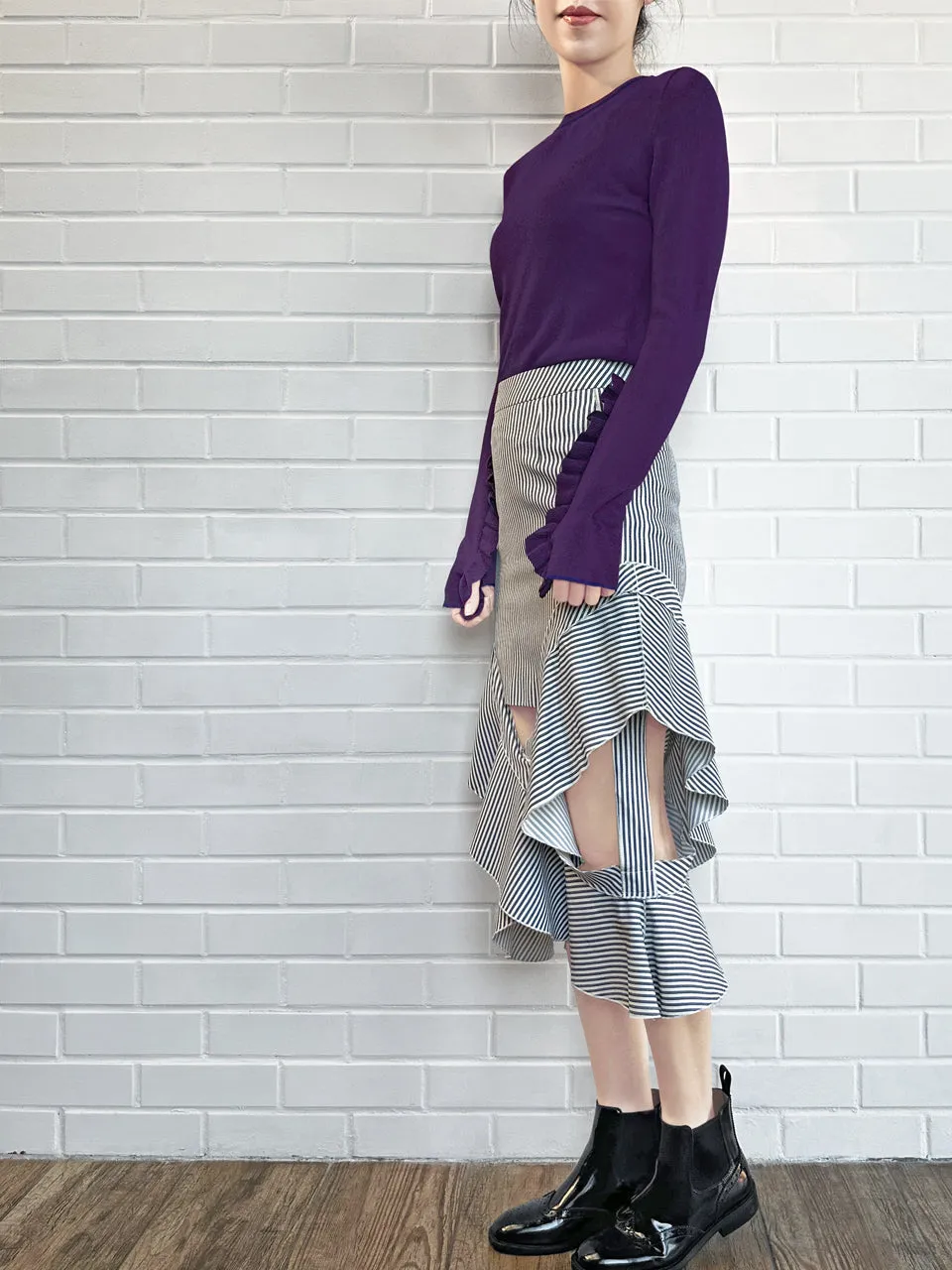 Deep Purple Extra-long Ruffled Sleeve Wool Blend Jumper