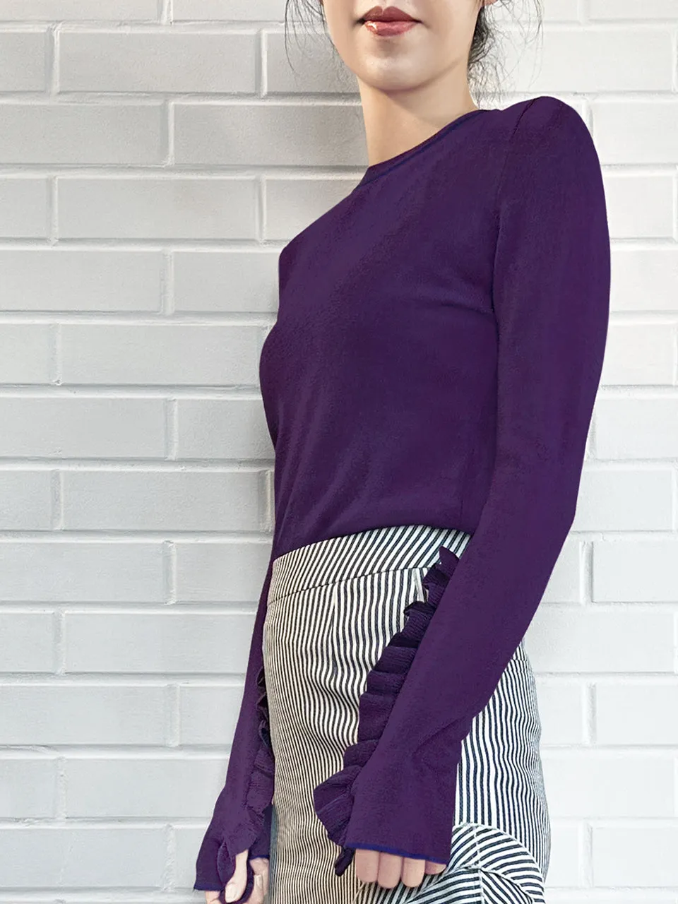 Deep Purple Extra-long Ruffled Sleeve Wool Blend Jumper