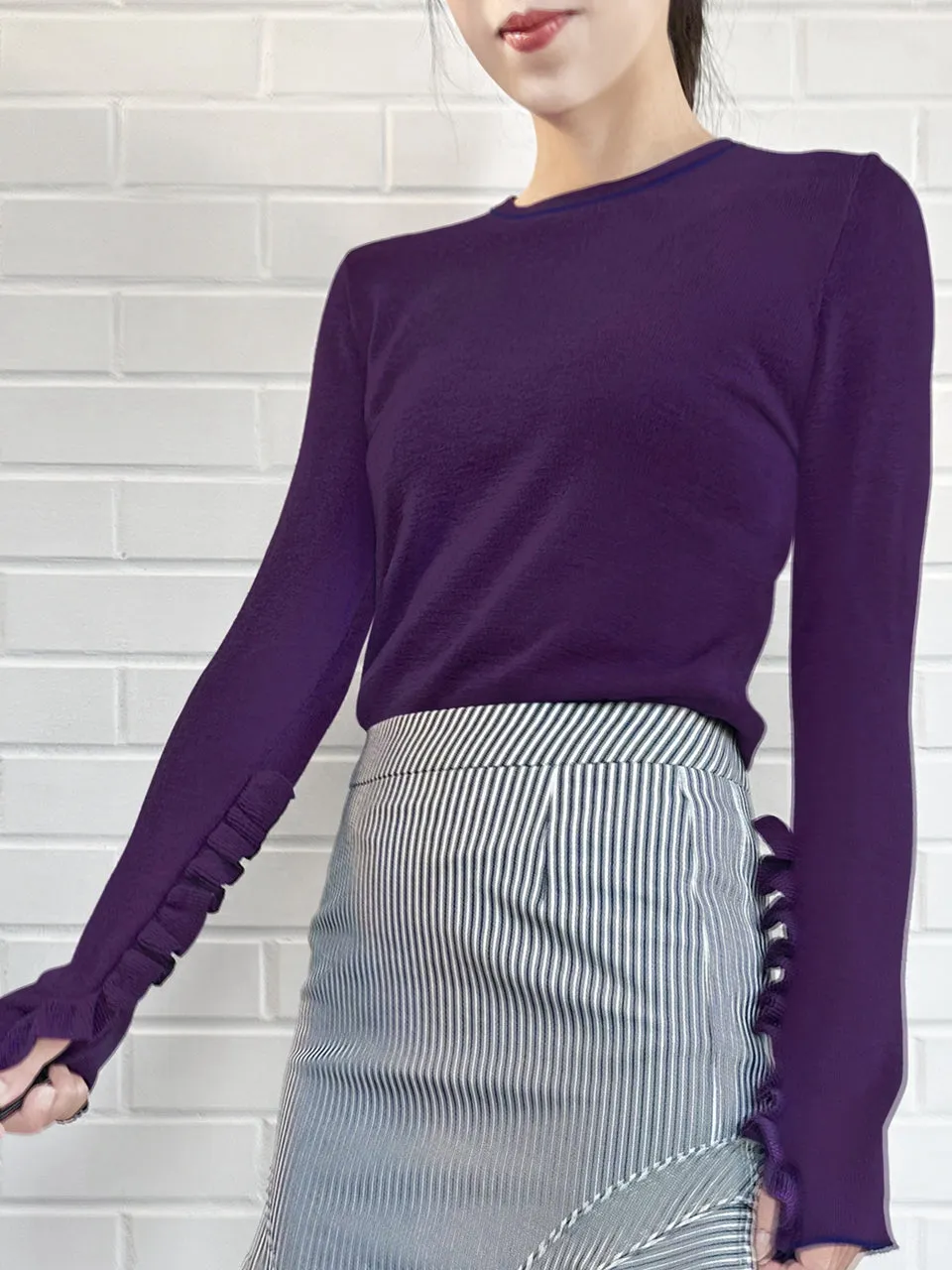 Deep Purple Extra-long Ruffled Sleeve Wool Blend Jumper