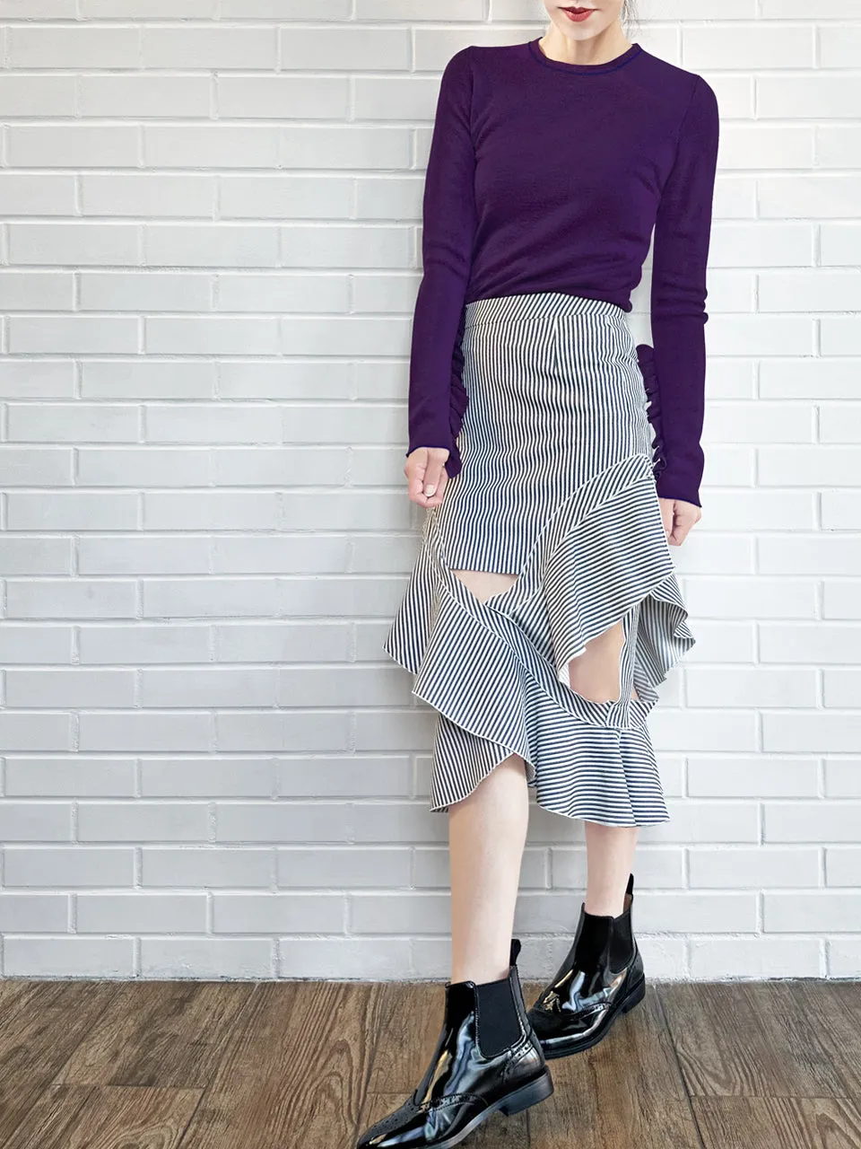 Deep Purple Extra-long Ruffled Sleeve Wool Blend Jumper