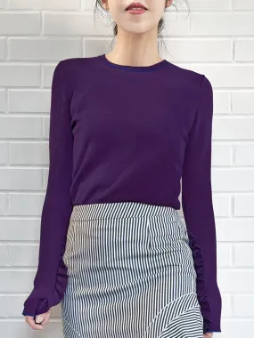 Deep Purple Extra-long Ruffled Sleeve Wool Blend Jumper