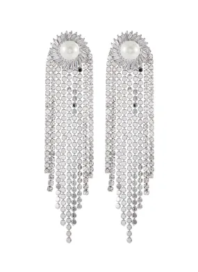 FAUX PEARL STUD GLASS CRYSTAL CHAIN FRIGNE DROP EARRINGS