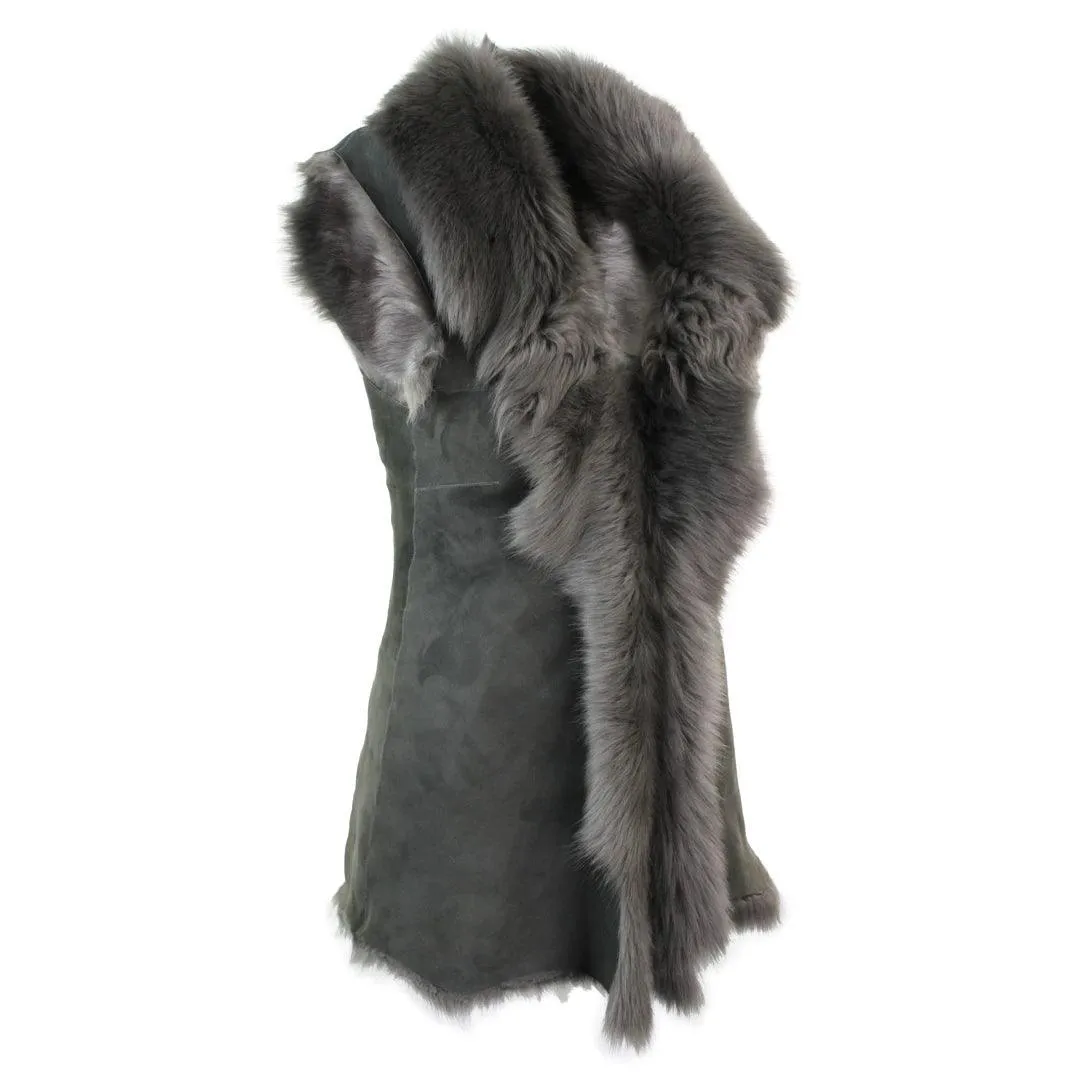 Ladies Women Real Spanish Toscana Shearling Sheepskin Grey Leather Waistcoat Gillet