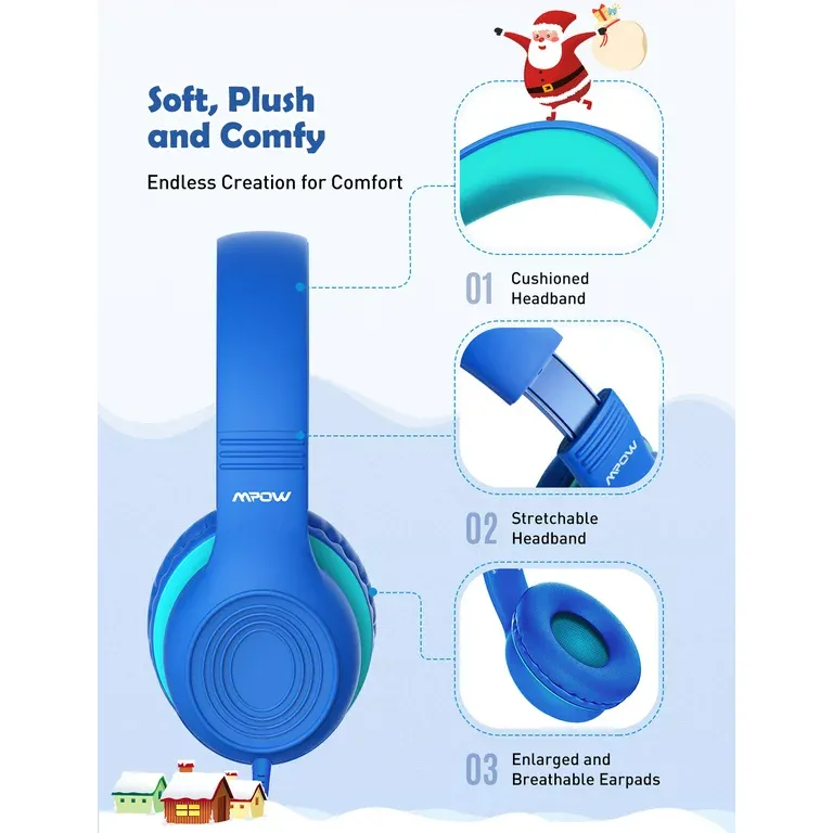 Mpow Kids Headphones with Microphone, Foldable 85/94dB Volume Limit 3D Stereo Adjustable Headband Soft Earcups over Ear Headphones for Kids, Share Function Wired Kids Headphones for School Tablet