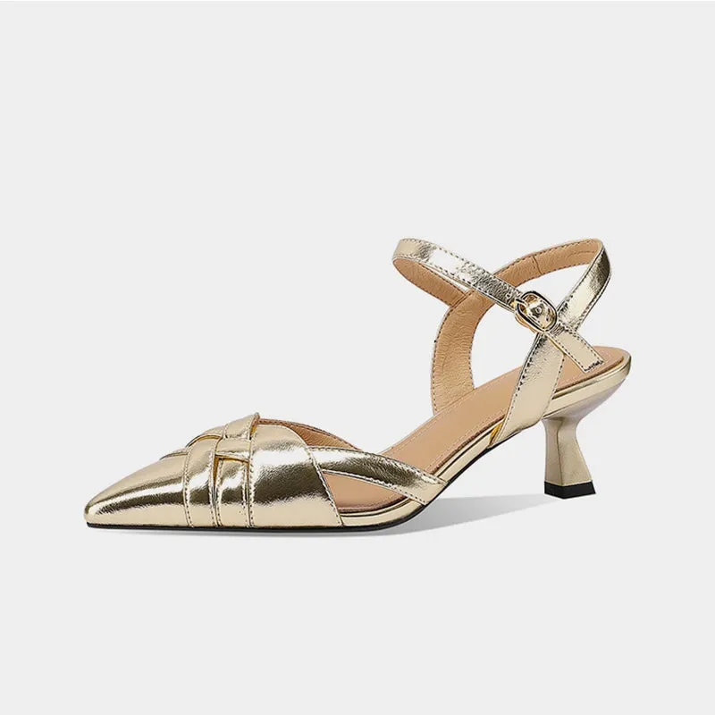 Point Toe Genuine Leather Slingback Stiletto Sandals in White/Golden/Apricot