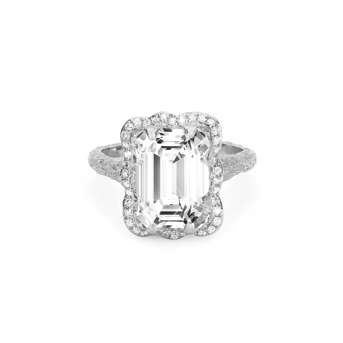 Queen Emerald Cut Diamond Setting with Full Pavé Halo