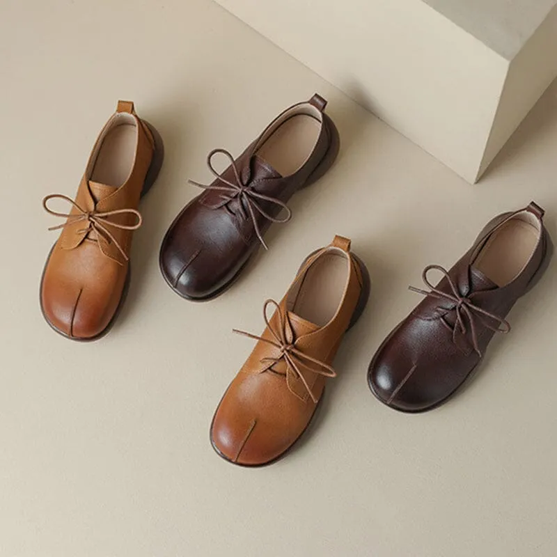 Retro Lace Up Leather Shoes Round Toe Soft Oxford Shoes in Coffee/Brown