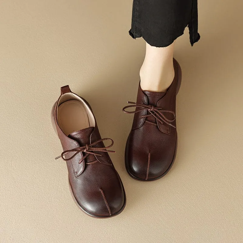 Retro Lace Up Leather Shoes Round Toe Soft Oxford Shoes in Coffee/Brown