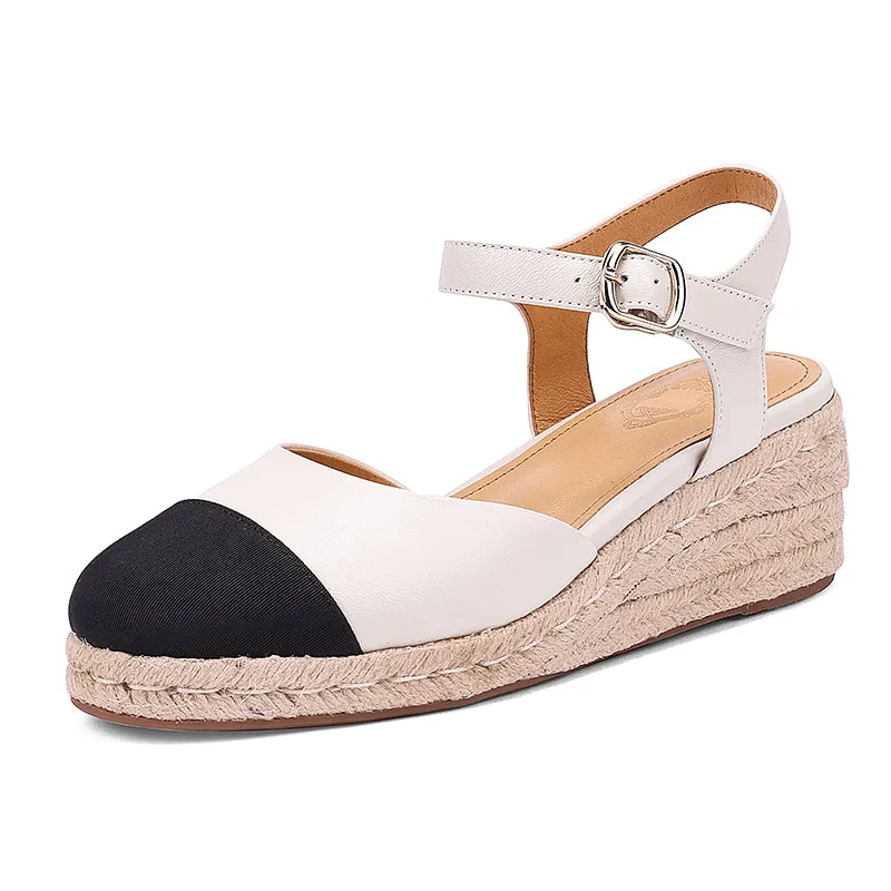 Slingback Espadrille-Wedge Leather Sandals in Beige/Black/Apricot