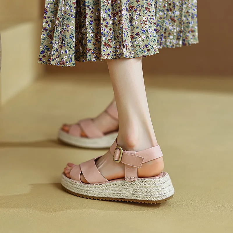 Slingback Espadrille-Wedge Leather Sandals in Beige/Brown/Pink