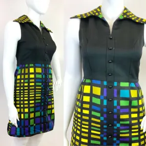 VINTAGE 60s 70s BLACK GREEN BLUE YELLOW GRID GEOMETRIC DAGGER SHIRT DRESS 14 16